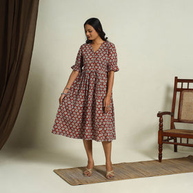 Buy Red Block Print Cotton Flared Bagru Dress