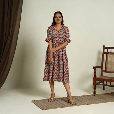 Buy Red Block Print Cotton Flared Bagru Dress