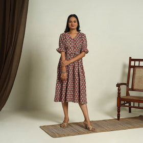 Buy Red Block Print Cotton Flared Bagru Dress