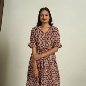 Buy Red Block Print Cotton Flared Bagru Dress