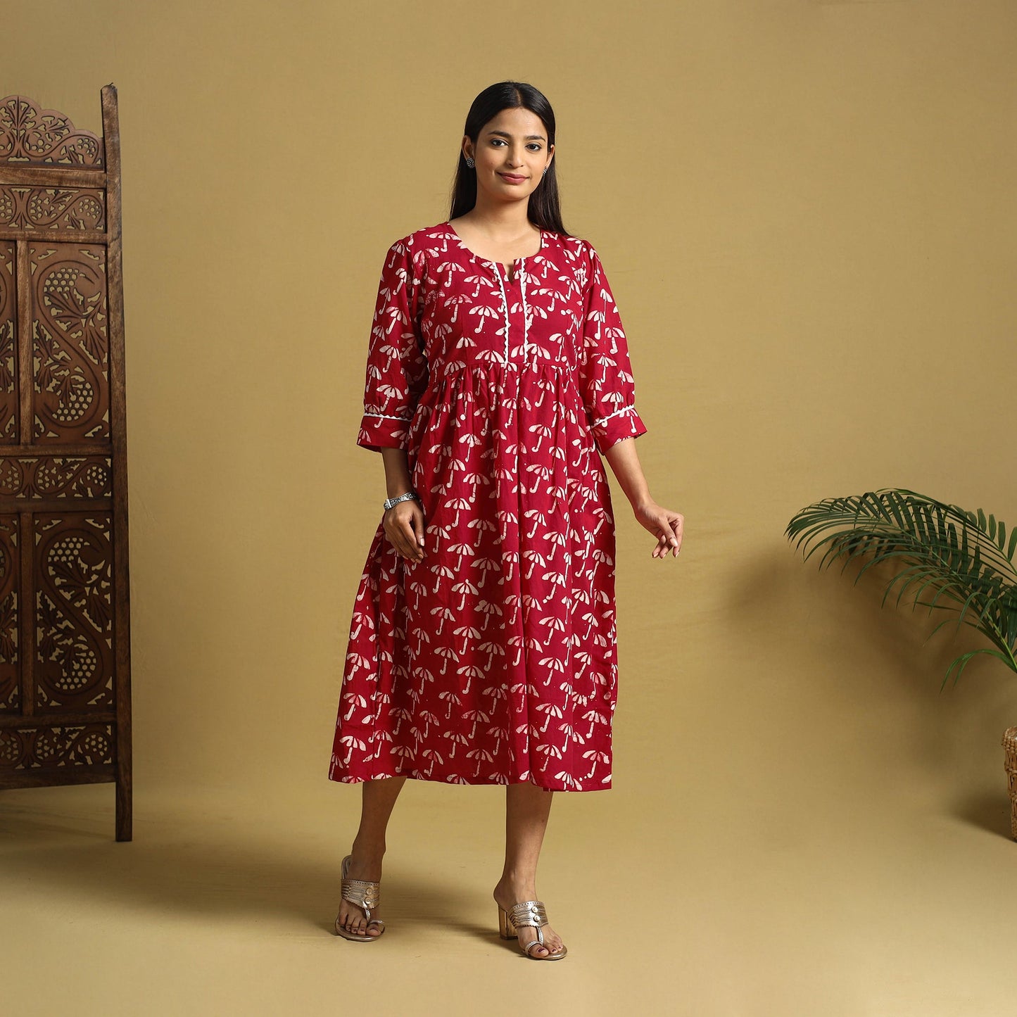 Red Cotton Flared Hand Batik Print Dress