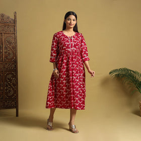 Red Cotton Flared Hand Batik Print Dress
