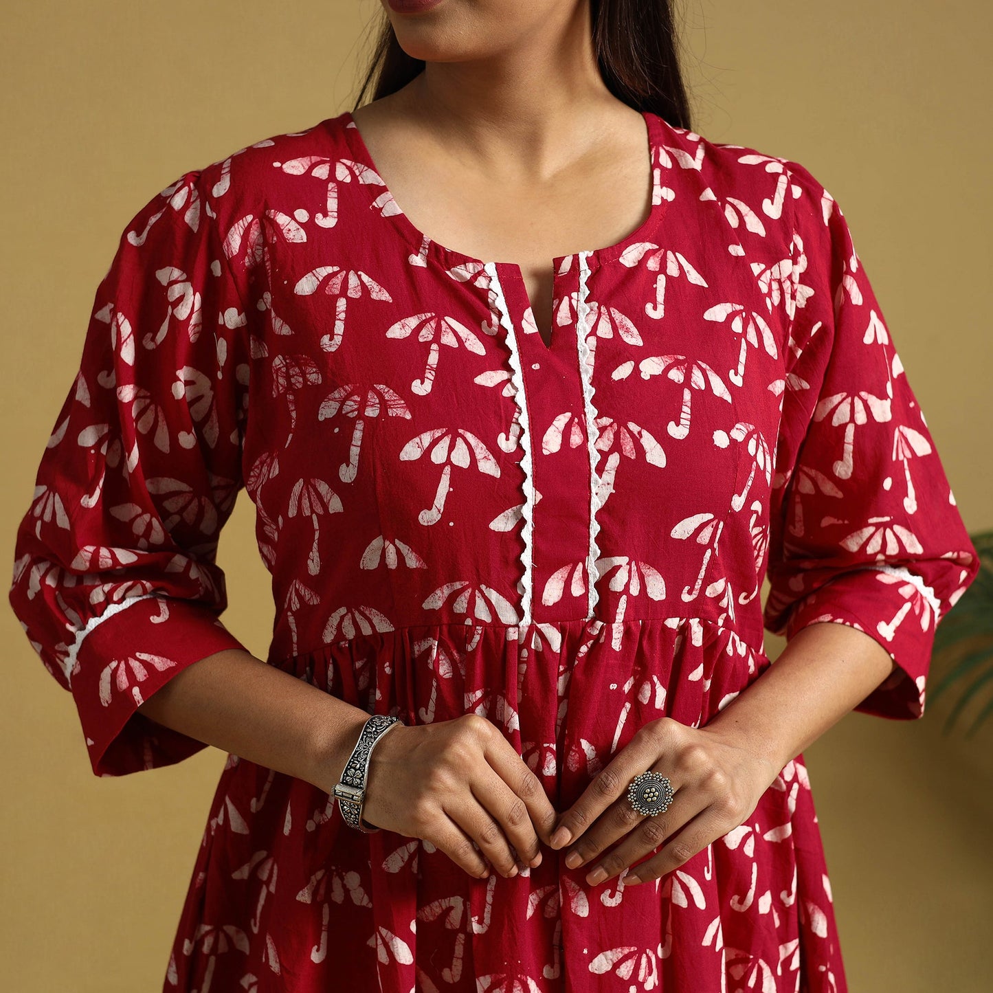 Red Cotton Flared Hand Batik Print Dress