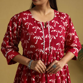 Red Cotton Flared Hand Batik Print Dress