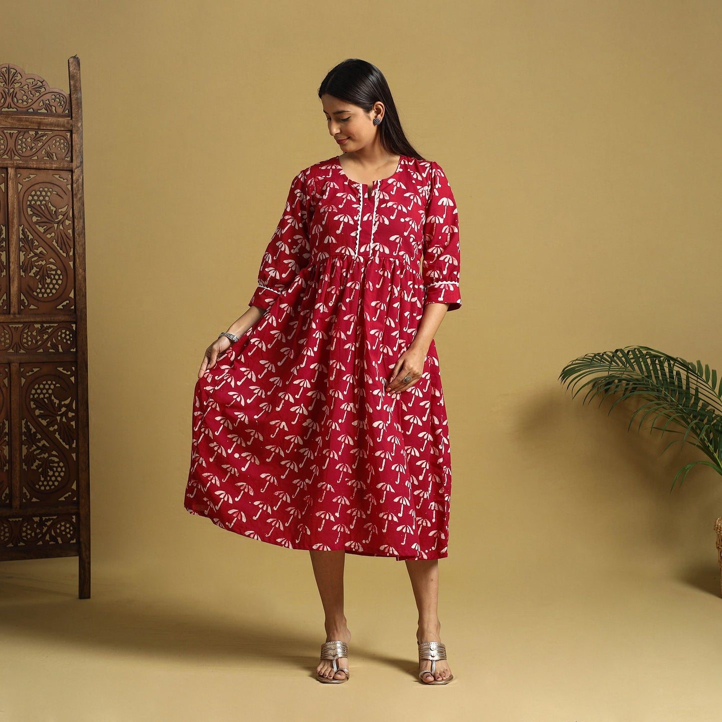 Red Cotton Flared Hand Batik Print Dress