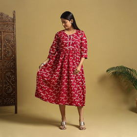 Red Cotton Flared Hand Batik Print Dress