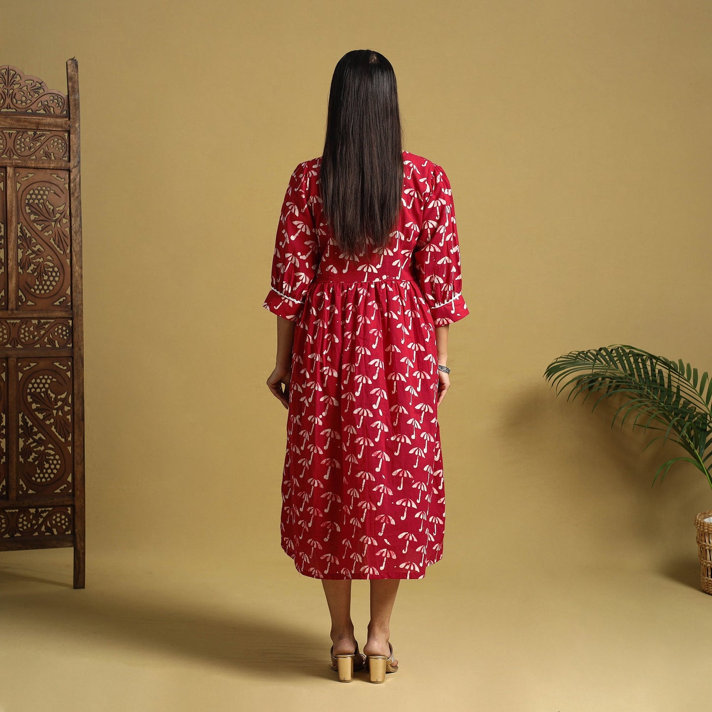 Red Cotton Flared Hand Batik Print Dress