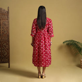 Red Cotton Flared Hand Batik Print Dress
