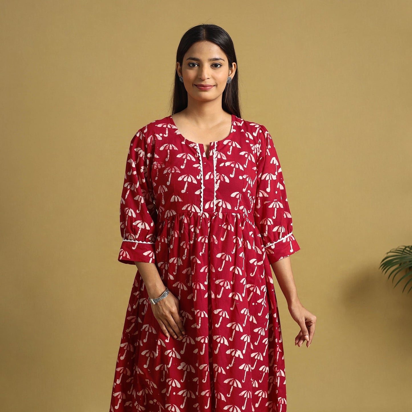 Red Cotton Flared Hand Batik Print Dress