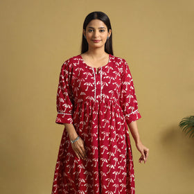 Red Cotton Flared Hand Batik Print Dress