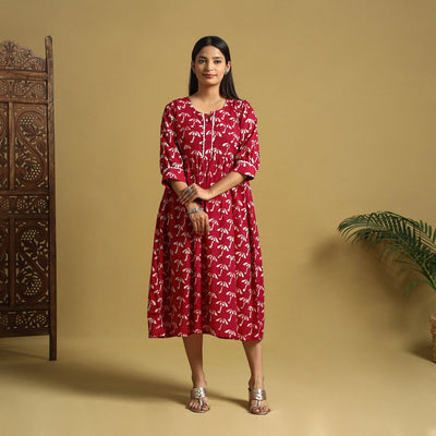 Red Cotton Flared Hand Batik Print Dress