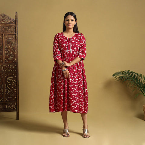 Red Cotton Flared Hand Batik Print Dress