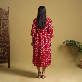 Red Cotton Flared Hand Batik Print Dress