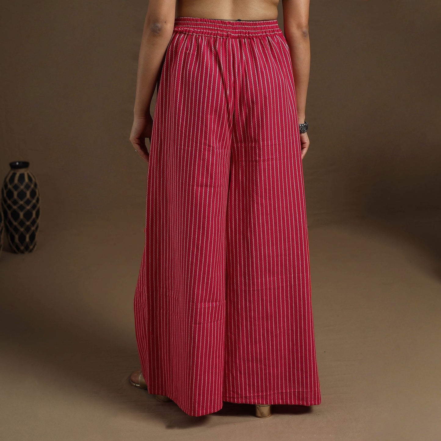  Cotton Red Flared Jacquard Palazzo