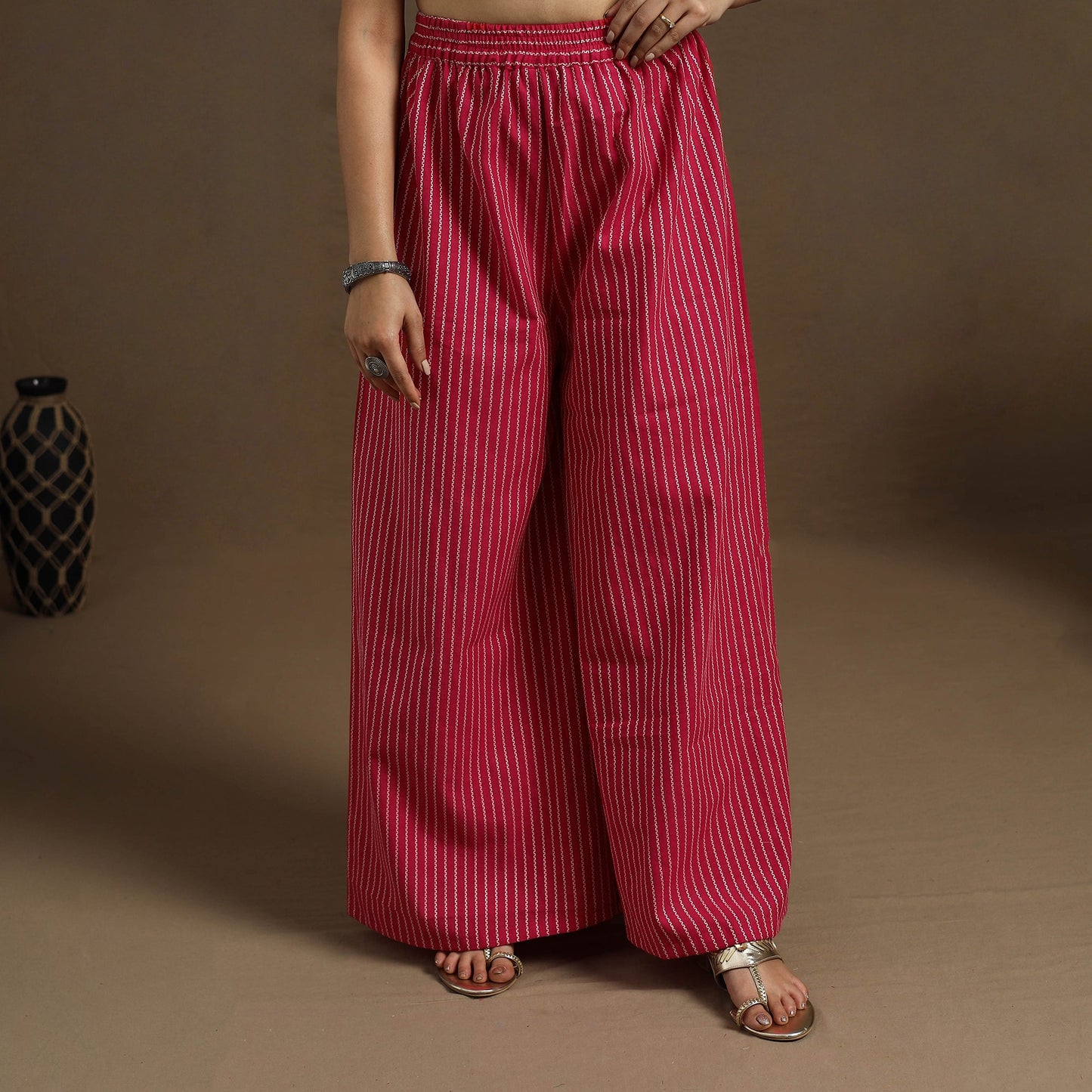  Cotton Red Flared Jacquard Palazzo