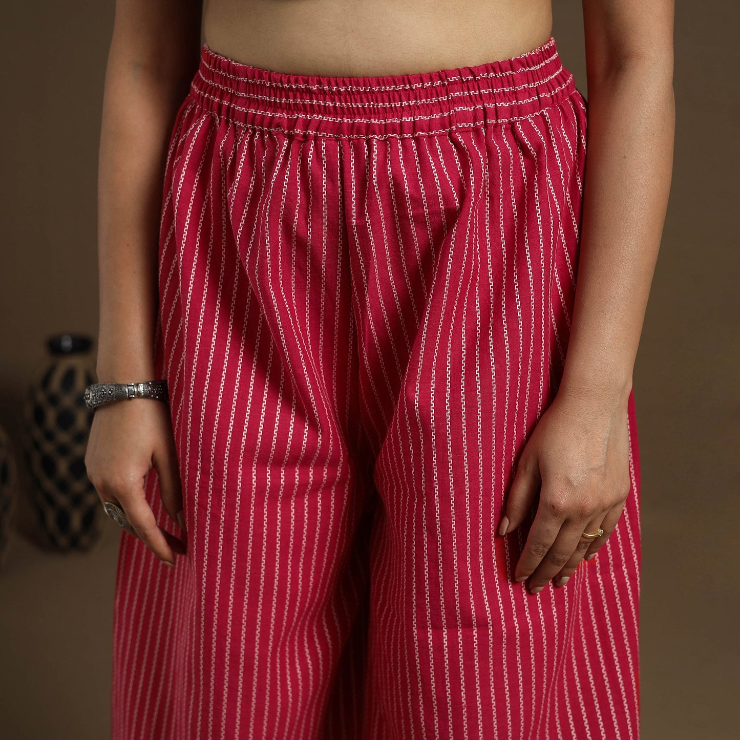  Cotton Red Flared Jacquard Palazzo