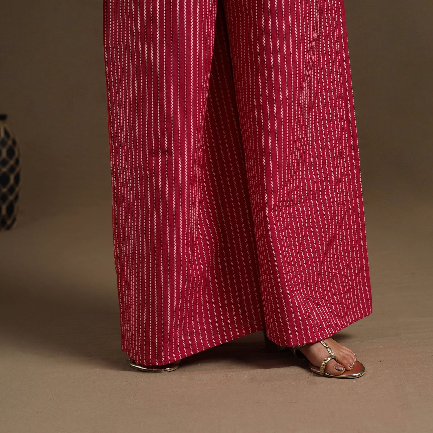  Cotton Red Flared Jacquard Palazzo