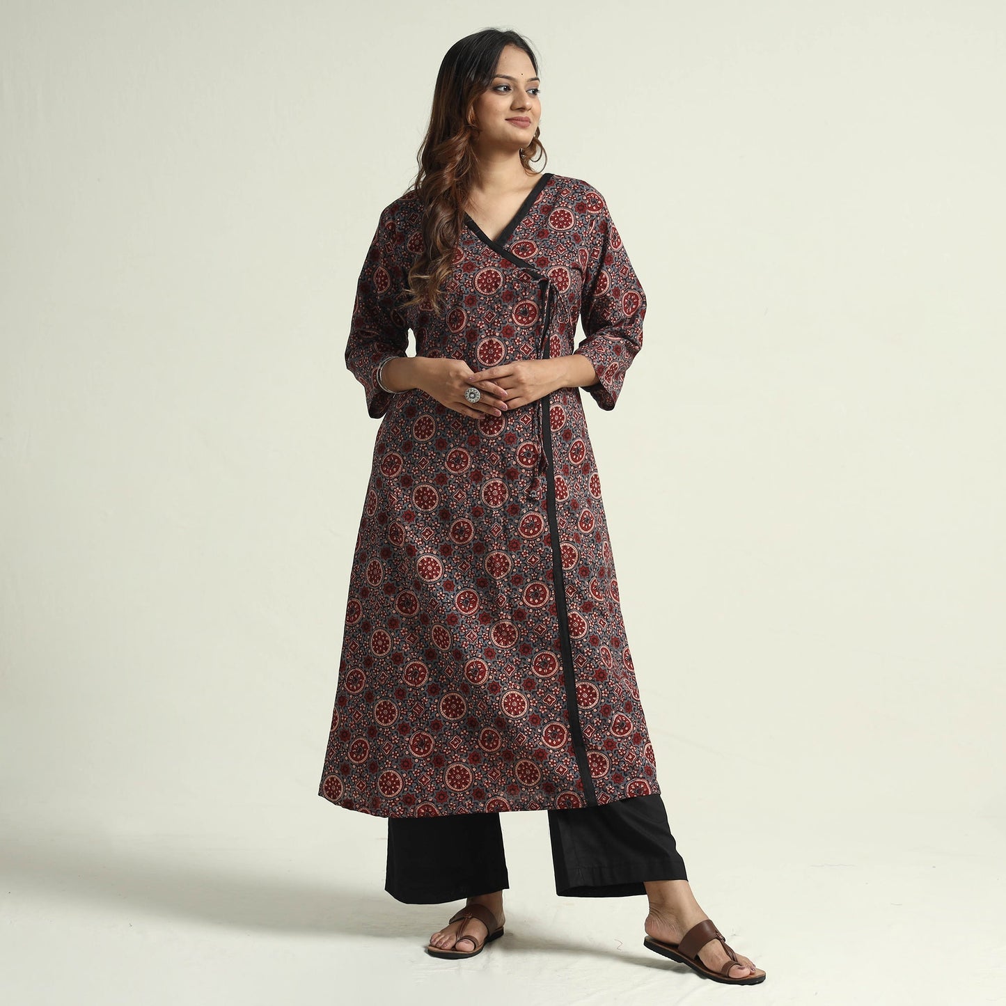 Buy Block Print Cotton Flared Ajrakh Kurta with Palazzo Set