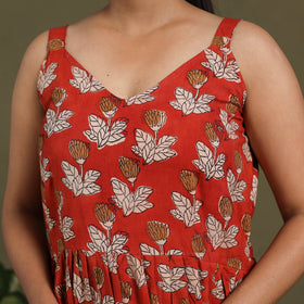 Red Block Print Cotton Flared Sanganeri Dress