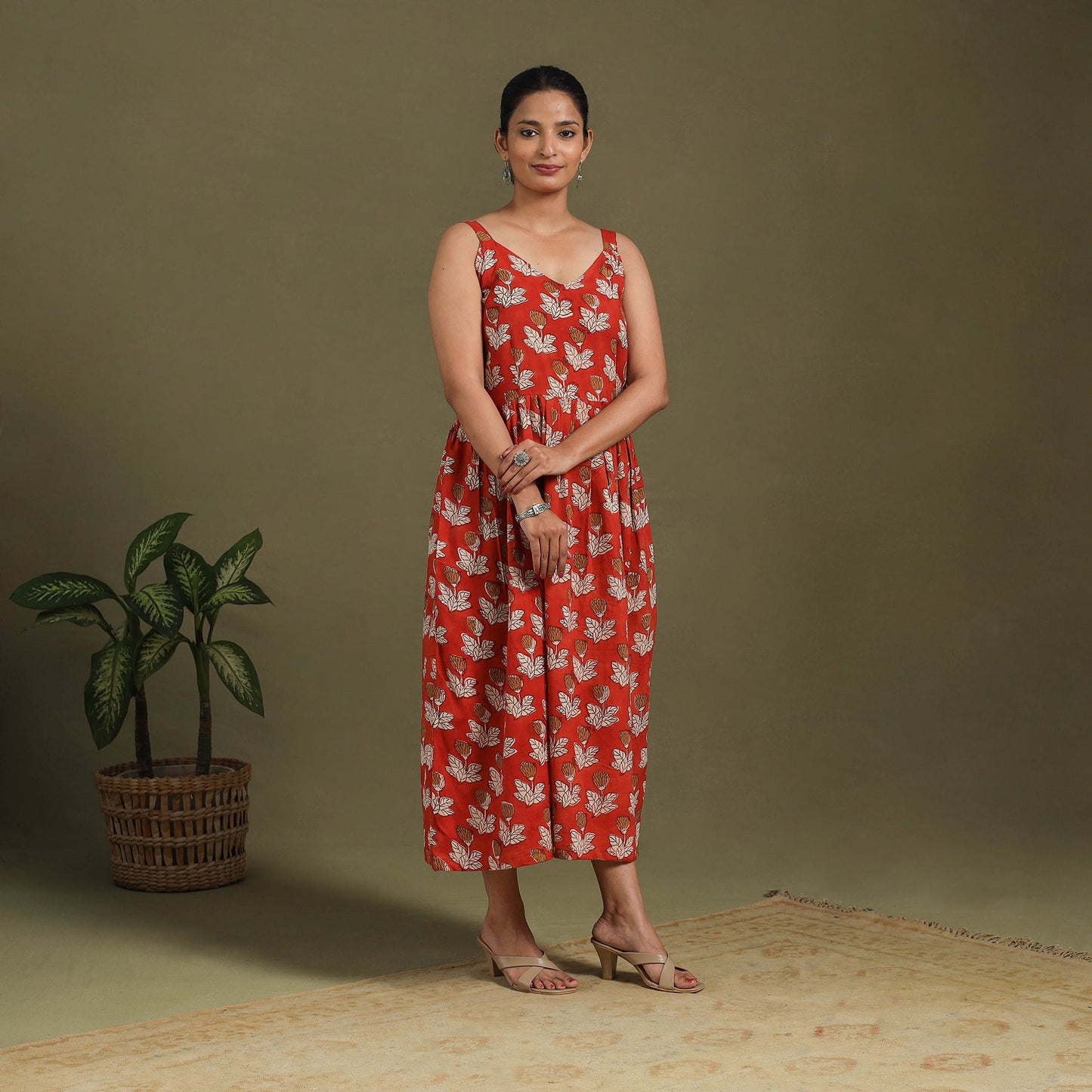 Red Block Print Cotton Flared Sanganeri Dress