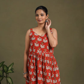 Red Block Print Cotton Flared Sanganeri Dress