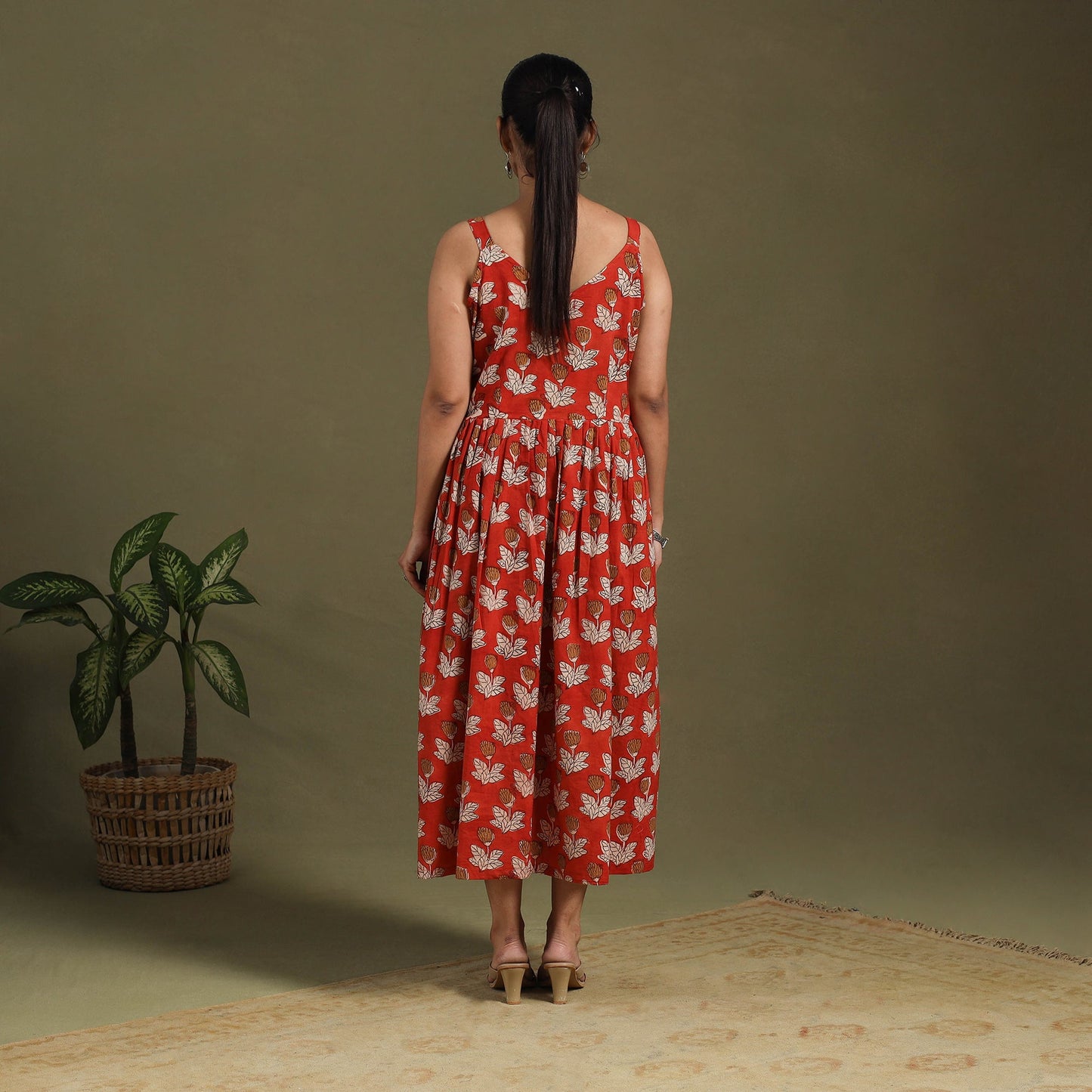 Red Block Print Cotton Flared Sanganeri Dress