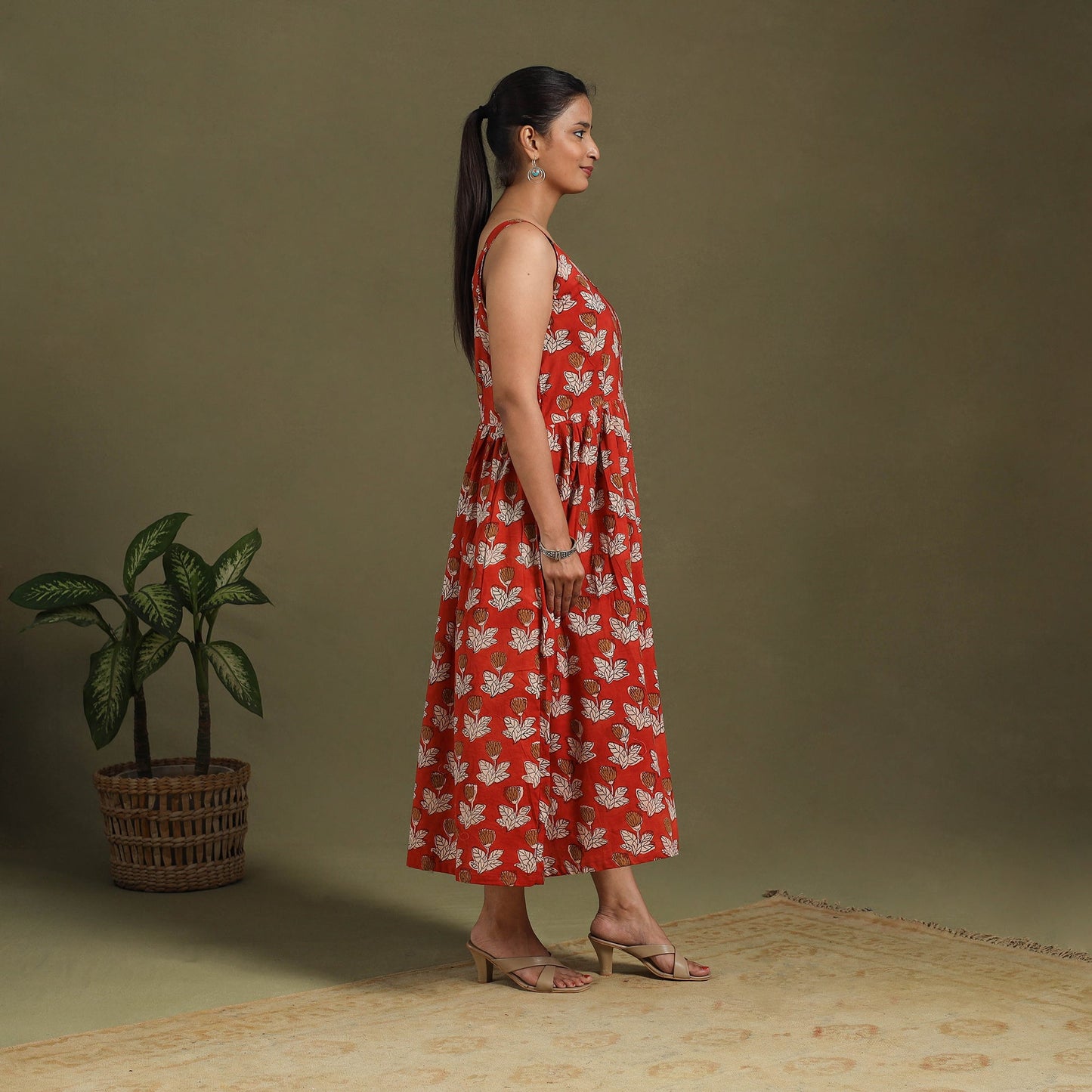 Red Block Print Cotton Flared Sanganeri Dress