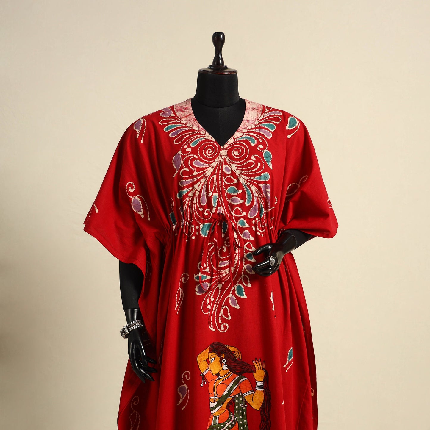Red - cotton hand batik kaftan with tie-up waist (long) 07