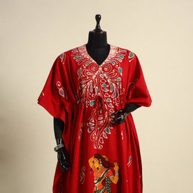 Red - cotton hand batik kaftan with tie-up waist (long) 07