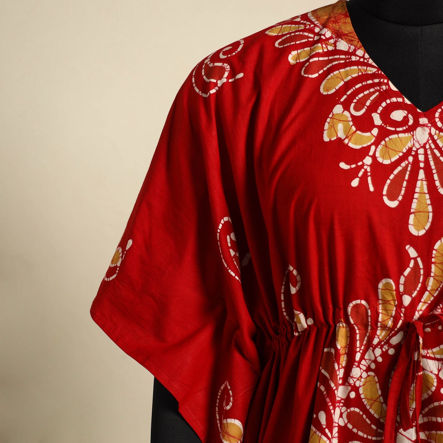 Red - cotton hand batik kaftan with tie-up waist (long) 08