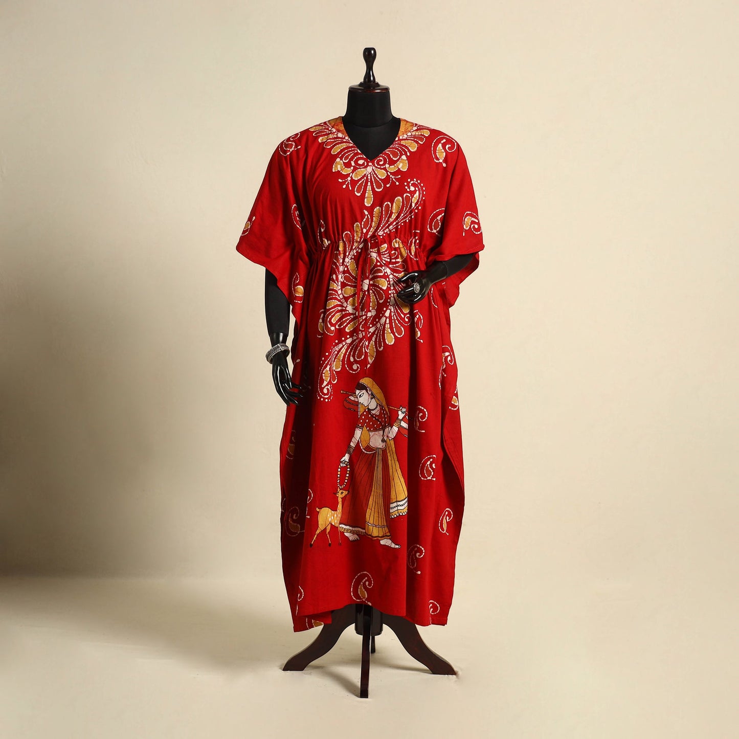 Red - cotton hand batik kaftan with tie-up waist (long) 08