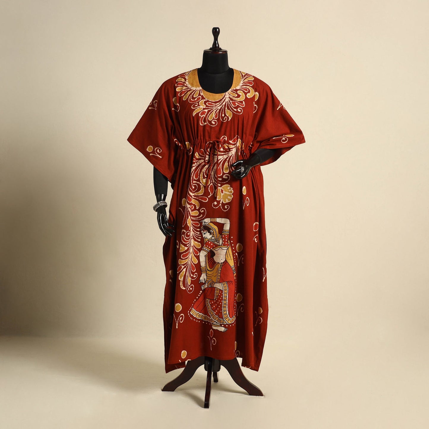 Red - cotton hand batik kaftan with tie-up waist (long) 11