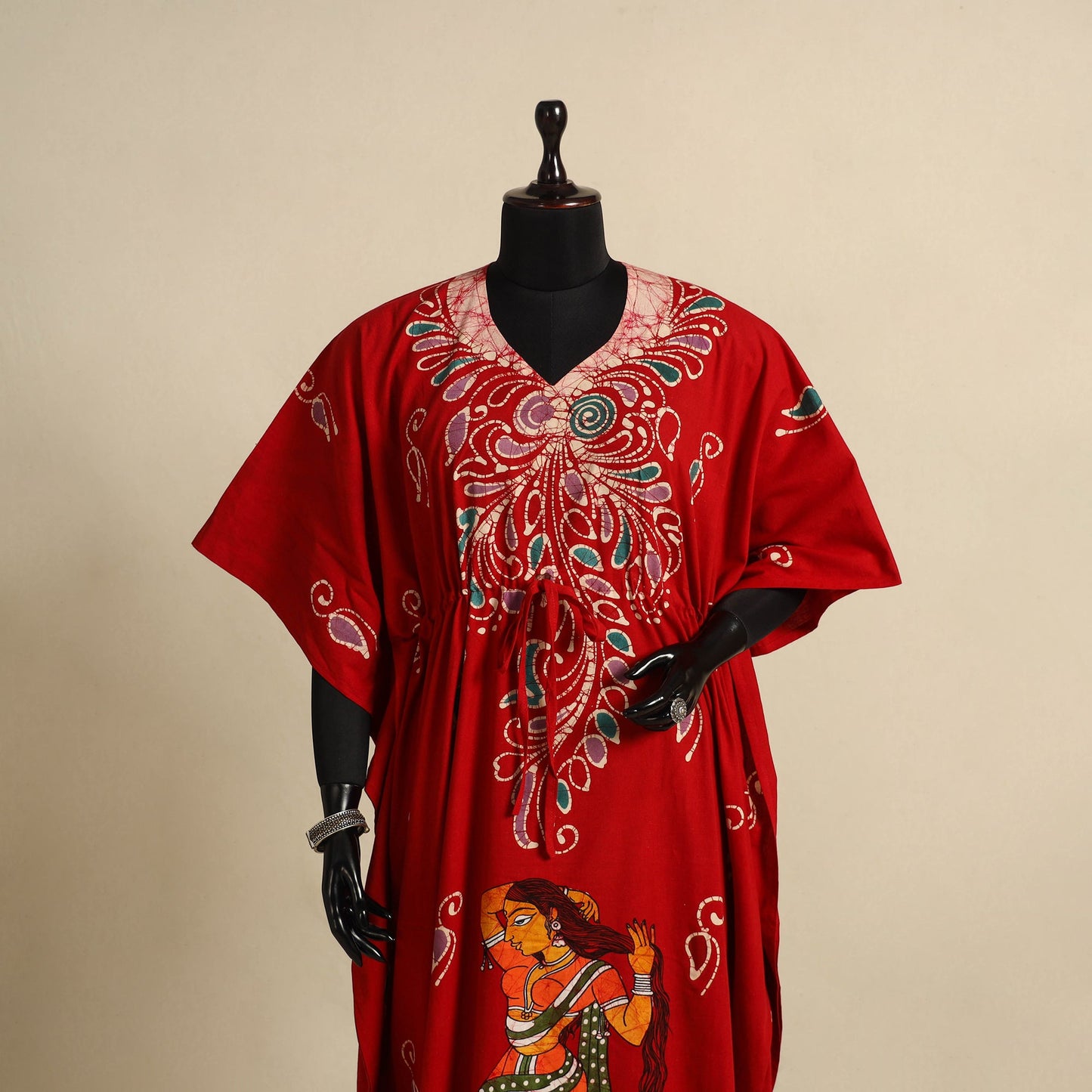 Red - cotton hand batik kaftan with tie-up waist (long) 17