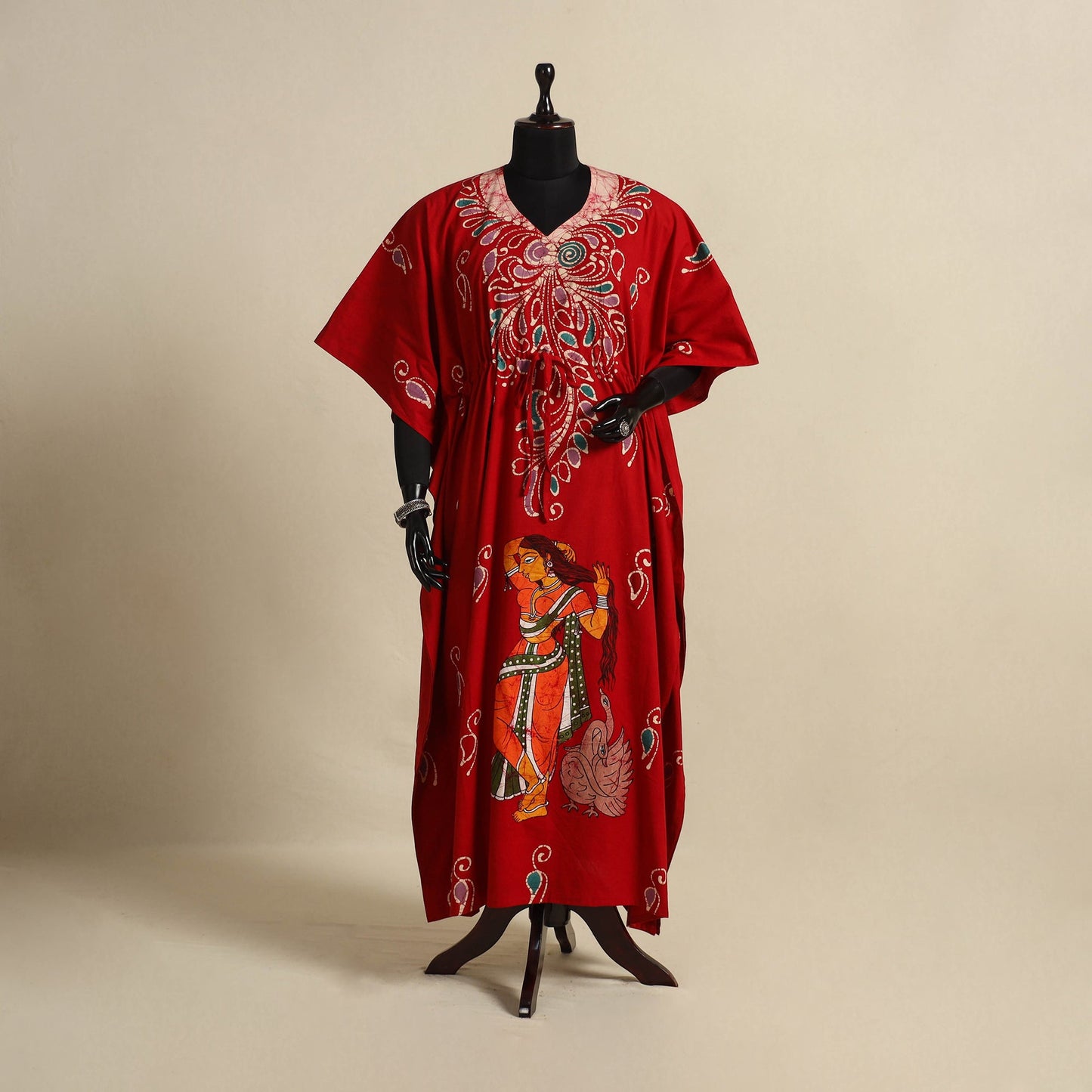 Red - cotton hand batik kaftan with tie-up waist (long) 17