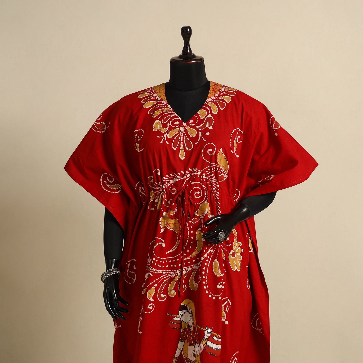 Red - cotton hand batik kaftan with tie-up waist (long) 35