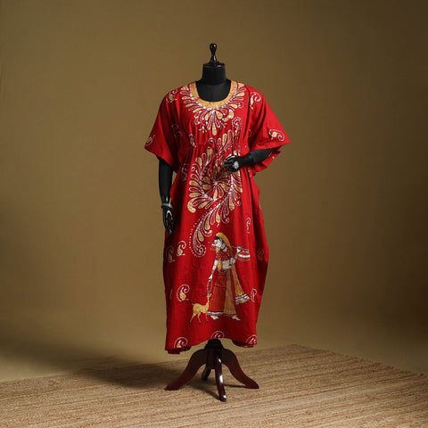 Red - cotton hand batik kaftan with tie-up waist (long) 38