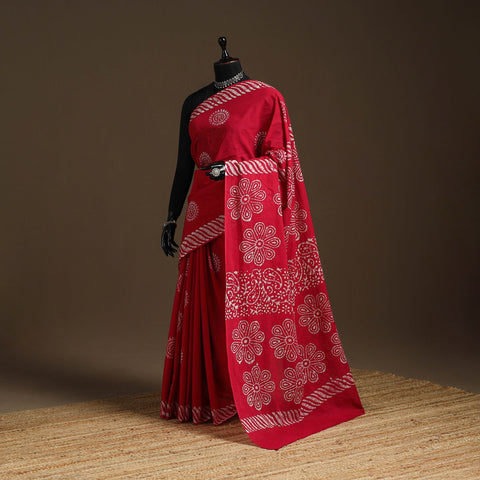 Red - cotton hand batik saree 06 - handcrafted