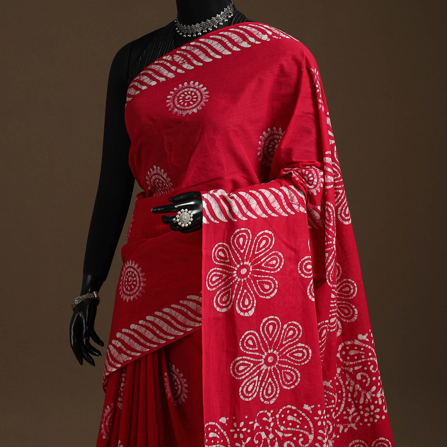 Red - cotton hand batik saree 06 - handcrafted