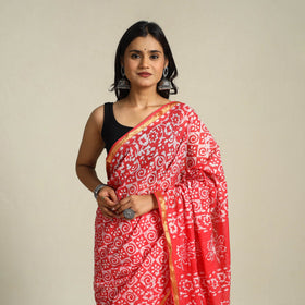 Red Cotton Hand Batik Print Saree with Blouse Piece