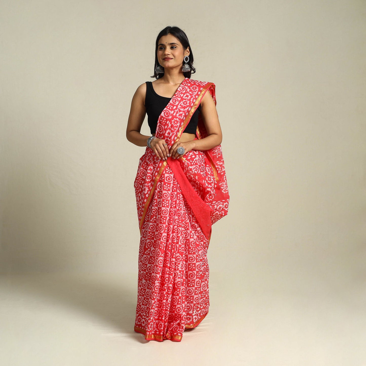 Red Cotton Hand Batik Print Saree with Blouse Piece