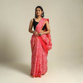 Red Cotton Hand Batik Print Saree with Blouse Piece