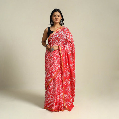Red Cotton Hand Batik Print Saree with Blouse Piece