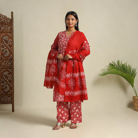 Buy Red Cotton Hand Batik Print Suit Set