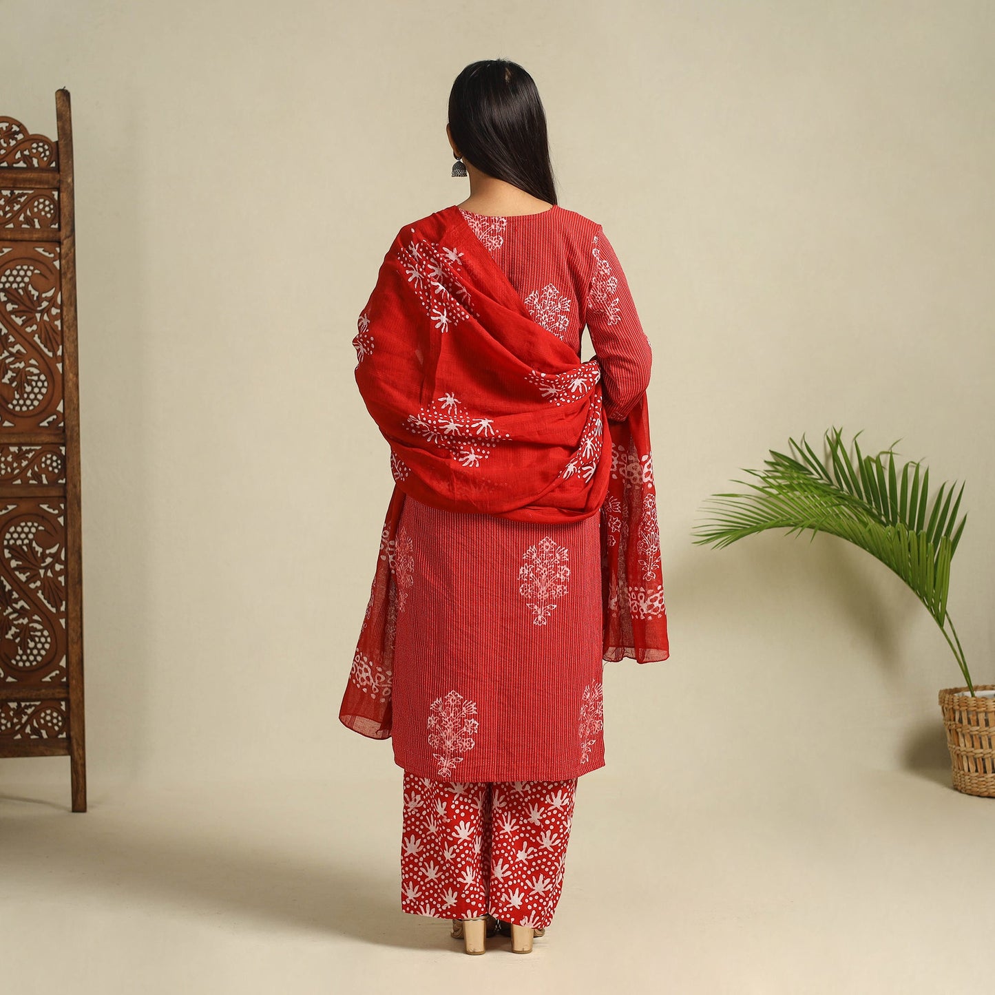 Buy Red Cotton Hand Batik Print Suit Set