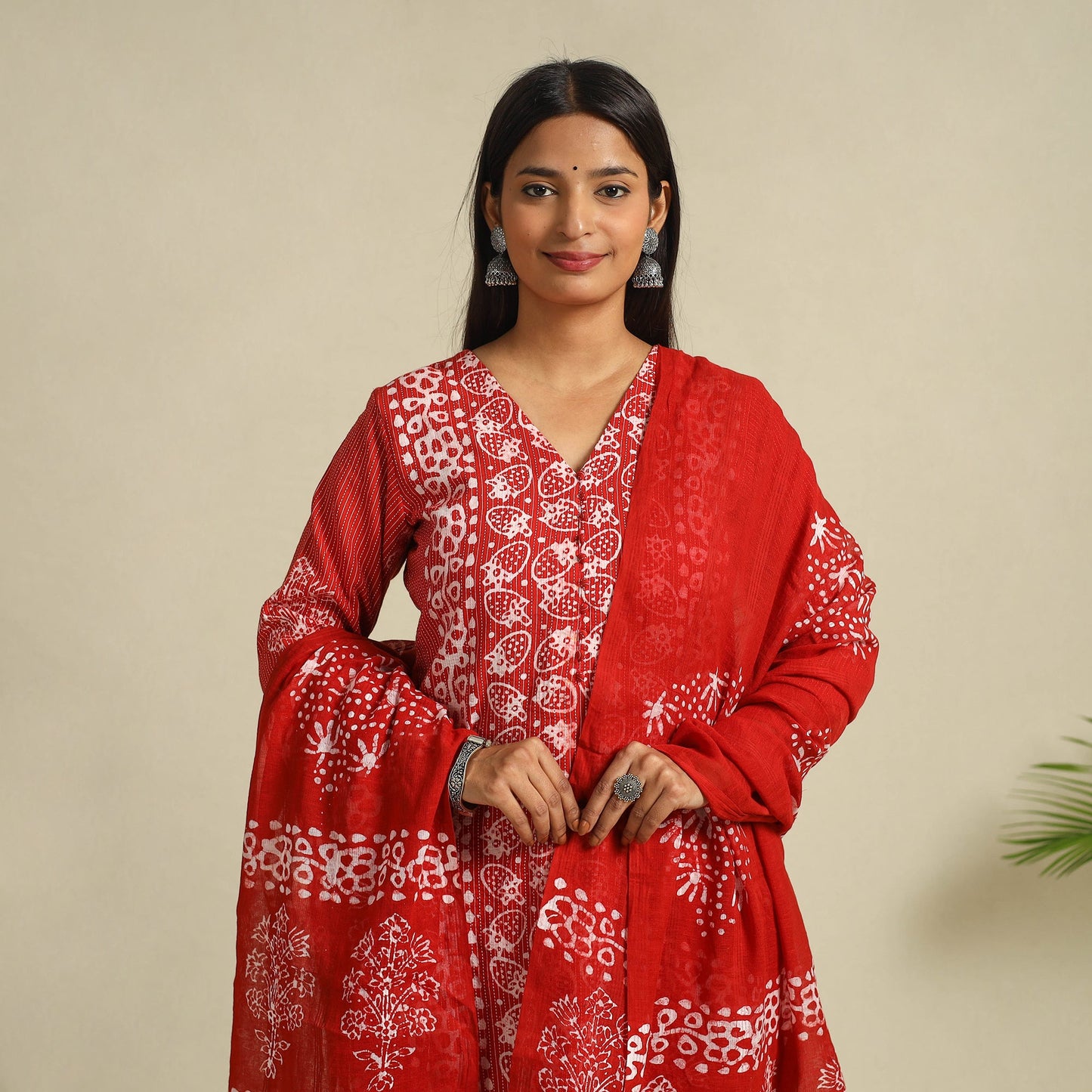 Buy Red Cotton Hand Batik Print Suit Set