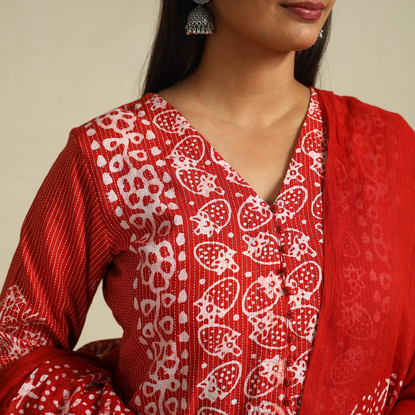 Buy Red Cotton Hand Batik Print Suit Set