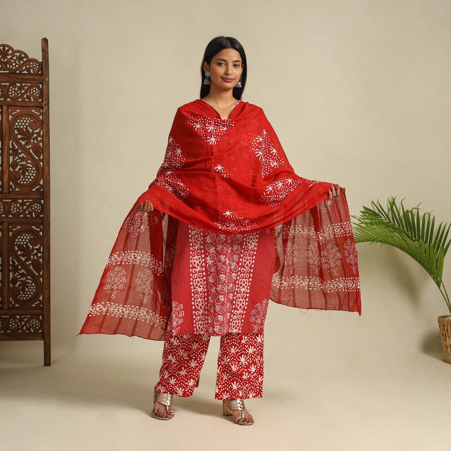 Buy Red Cotton Hand Batik Print Suit Set
