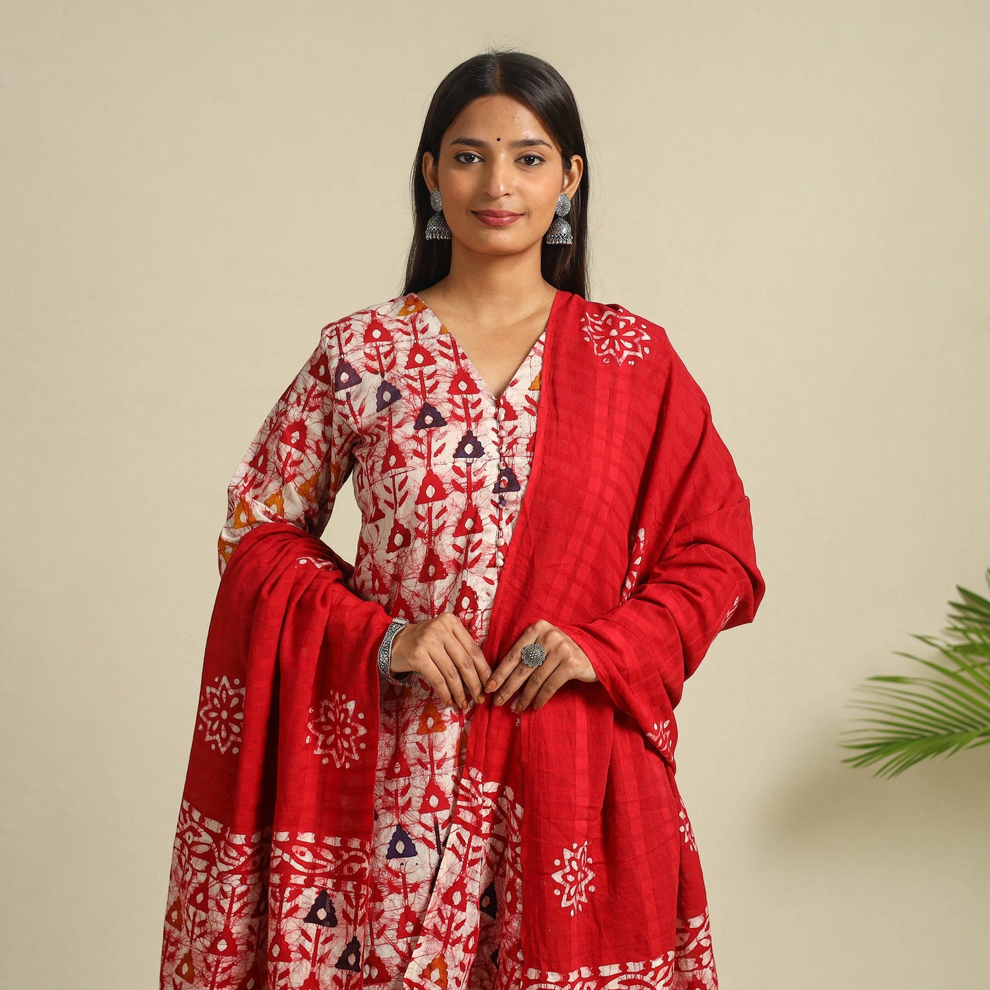 Buy Red Cotton Hand Batik Print Suit Set