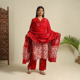 Buy Red Cotton Hand Batik Print Suit Set