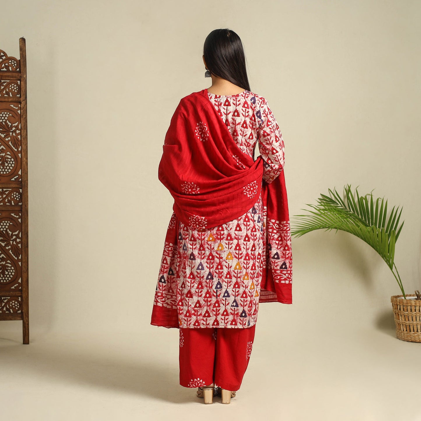 Buy Red Cotton Hand Batik Print Suit Set